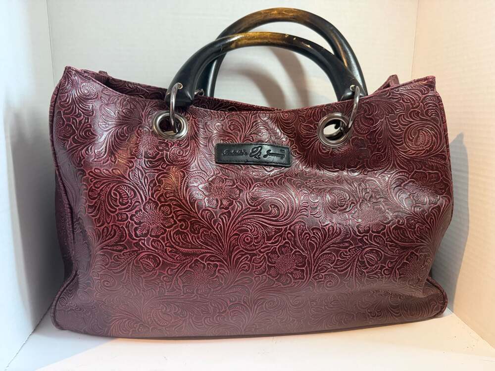 Isabella's Journey Burgundy Floral Embossed Tote Bag with Wood-Tone Handles